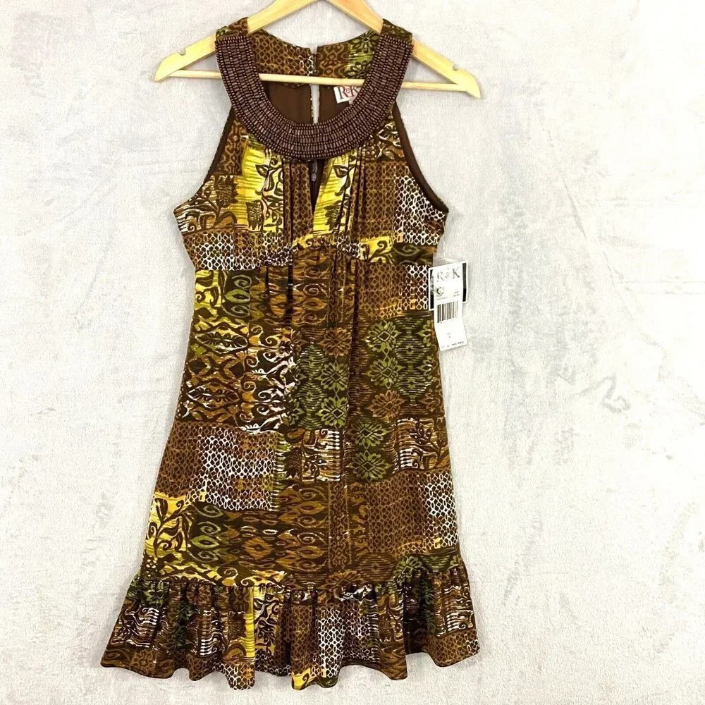 R&K Originals Beaded Tribal Halter Dress Womens 6 Brown Tropical Floral‎ NWT NEW